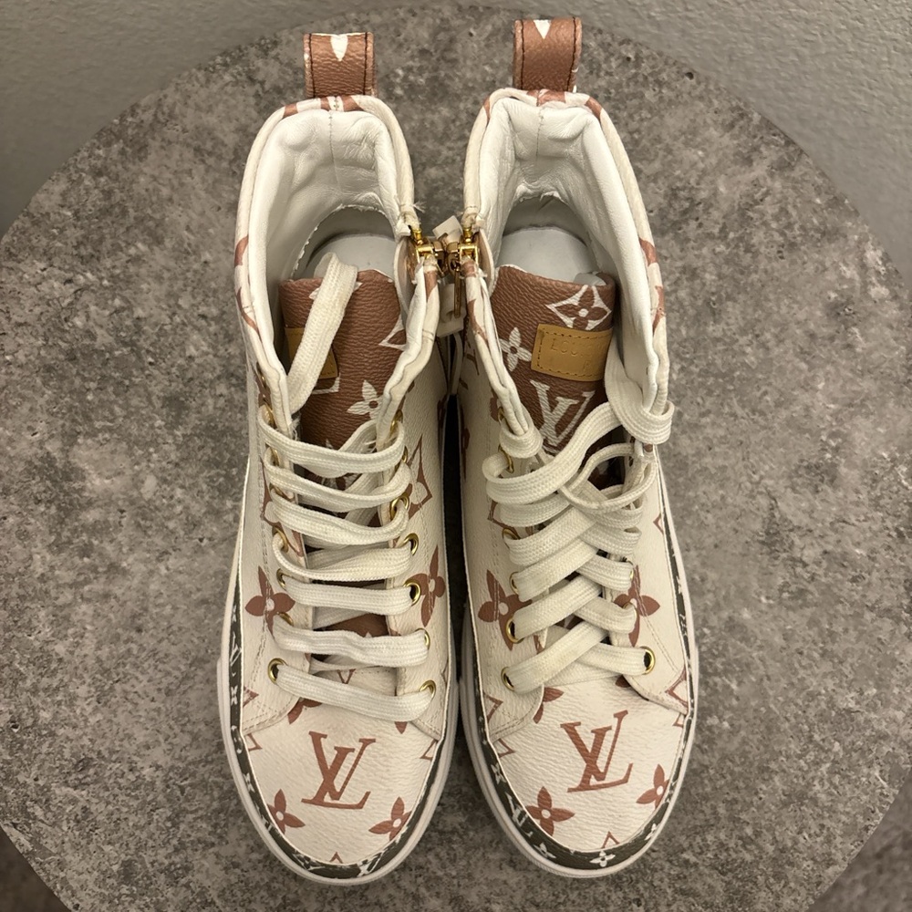 Louis Vuitton Monogram White and Tan Sneakers